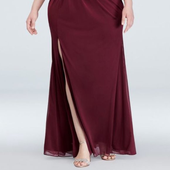 One Shoulder Bridesmaids Dress with Slit David's Bridal Wine Burgundy Lace Side - Picture 2 of 15